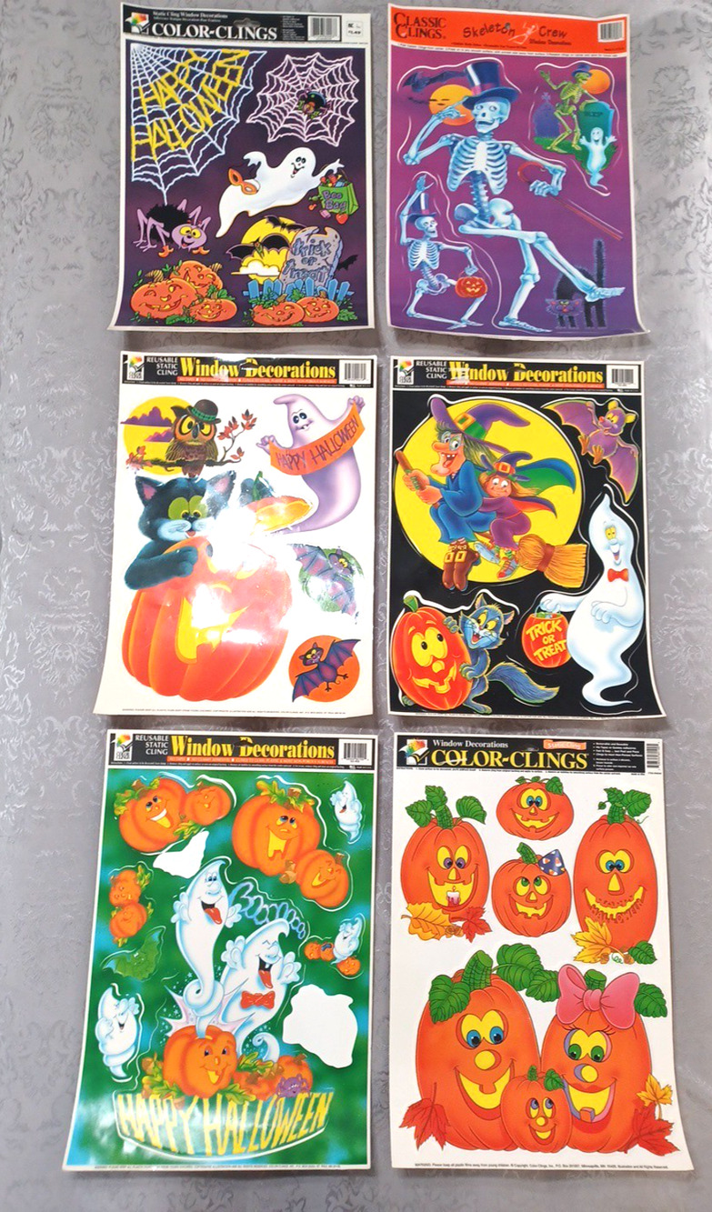 VTG 6 Halloween Color Static Classic Clings Window Skeleton Ghost Witch*Preowned